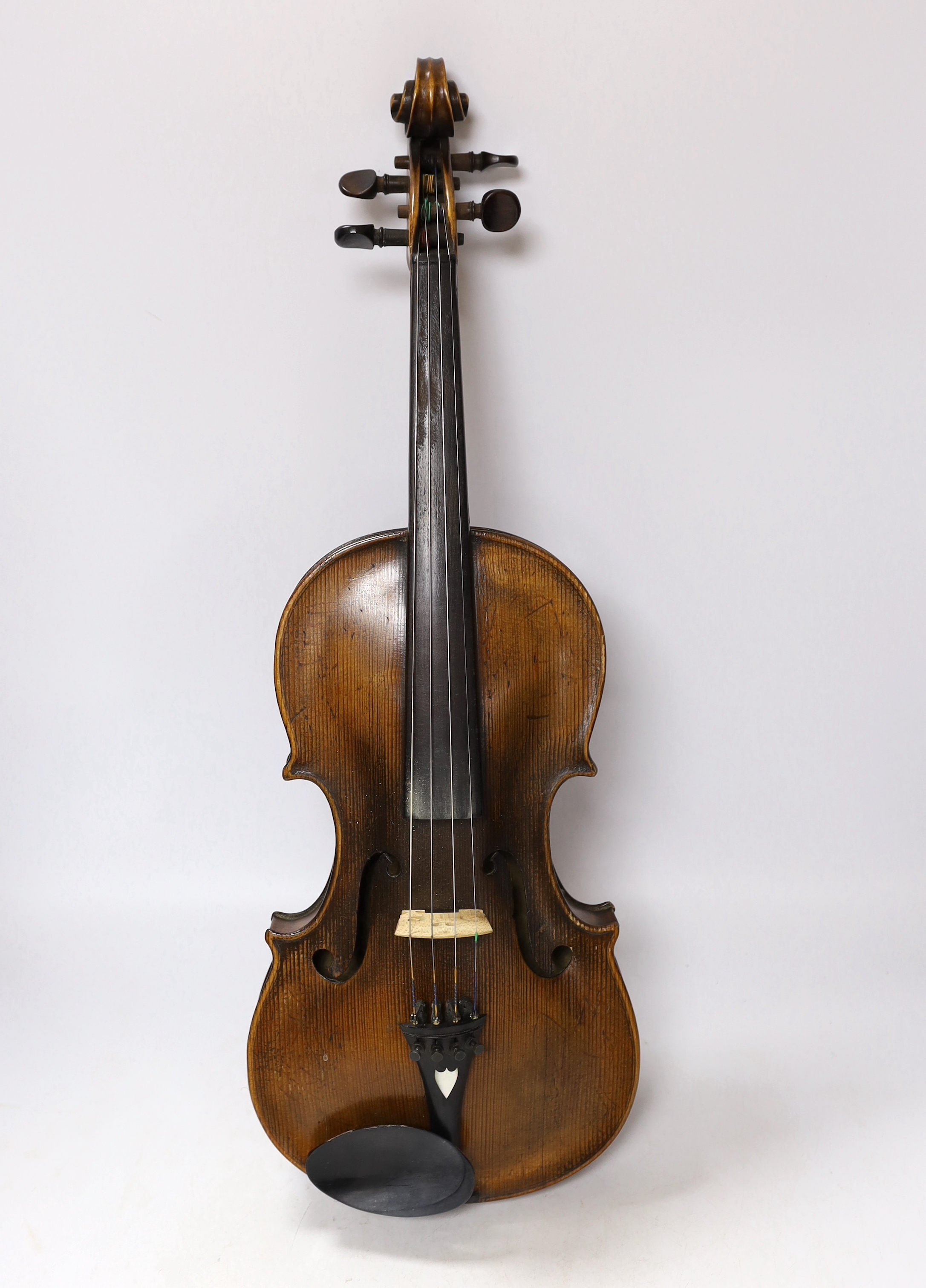 An early 20th century English violin stamped Norman Duke, London, one piece back with wax seal, cased, violin 60cm long